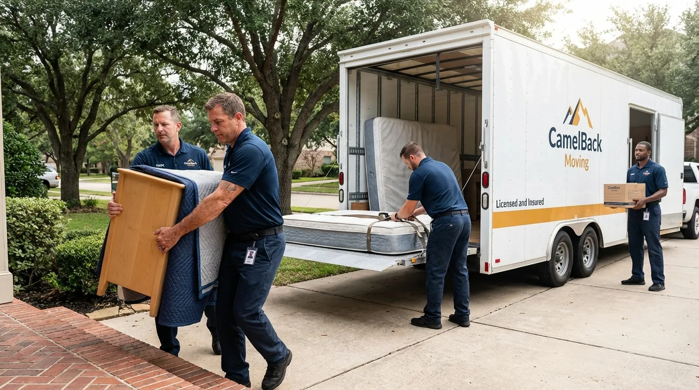 Crew loading residential truck for cross-state move from Hondo, TX