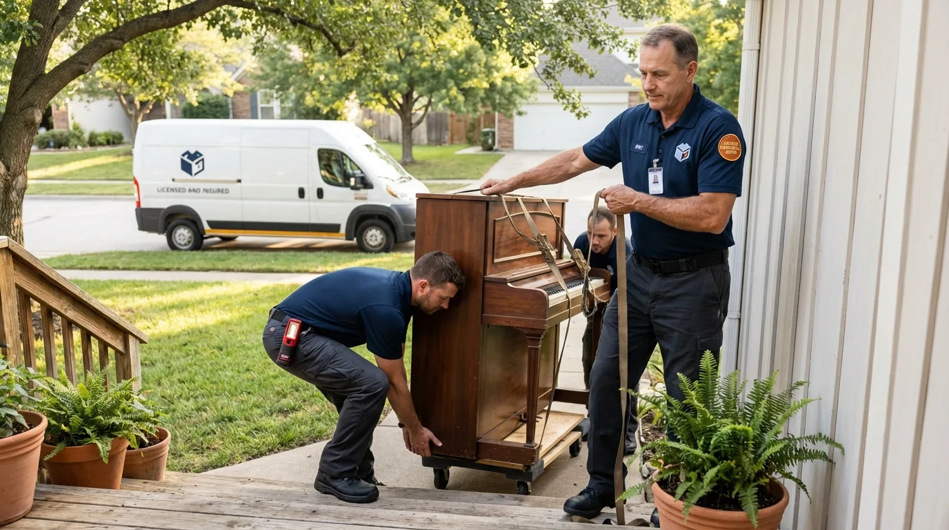 Licensed piano movers securing grand piano in Hondo, TX
