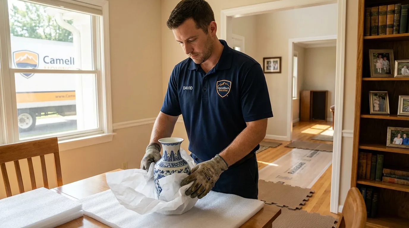 Professional crew carefully wrapping antique vase for senior downsizing move in Hondo, TX