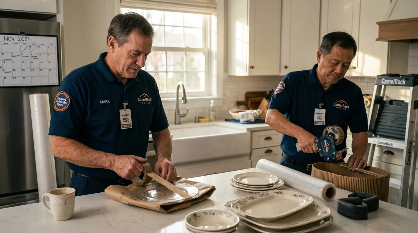 Professional crew packing kitchen dishware in Hondo, TX